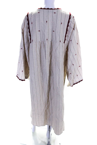 Zara Womens Embroidered Pinstripe Square Neck Shift Dress Ivory Maroon Medium