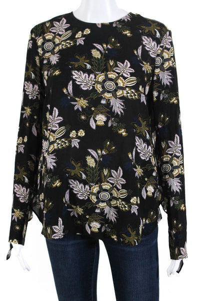 ALC Womens Surplice Back Long Sleeve Floral Top Blouse Black Pink Silk Size 6