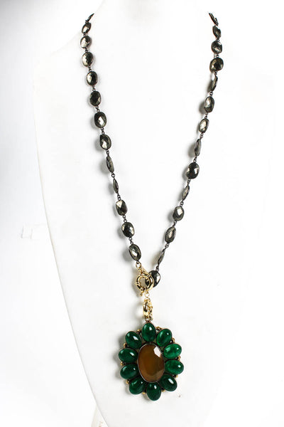 Meredith Waterstraat Womens Gold Tone Green Crystal Floral Pendant Necklace