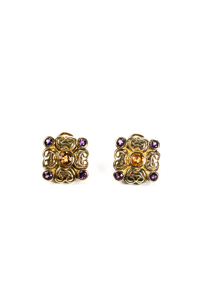 Designer Womens Gold Tone Sterling Silver Amethyst Citrine Square Earrings