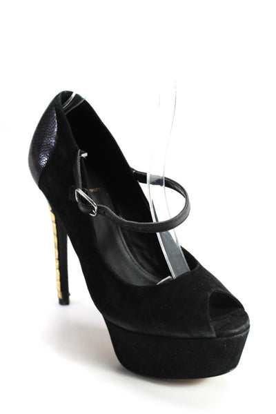 B Brian Atwood Womens Stiletto Platform Peep Toe Pumps Black Suede Size 5.5