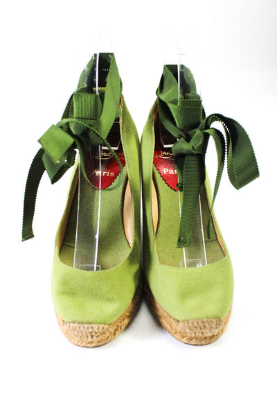 Christian Louboutin Womens Ankle Strap Espadrilles Pumps Green Canvas Size 36