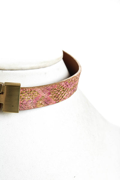 Leighelena Womens Pink Gold Metallic Leather Jigsaw Closure Wrap Bracelet