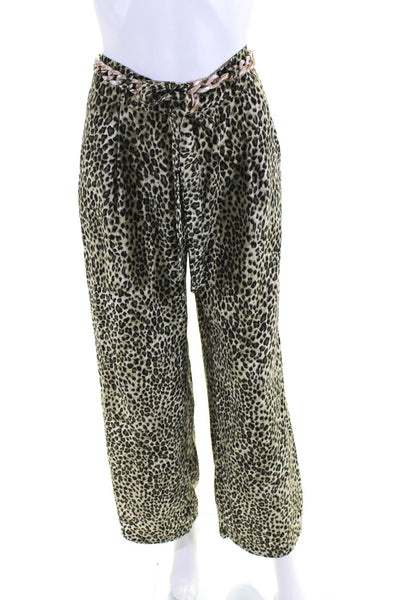 Jeff Gallano Womens Leopard Print High-Rise Flared Hem Belted Pants Beige Size 1