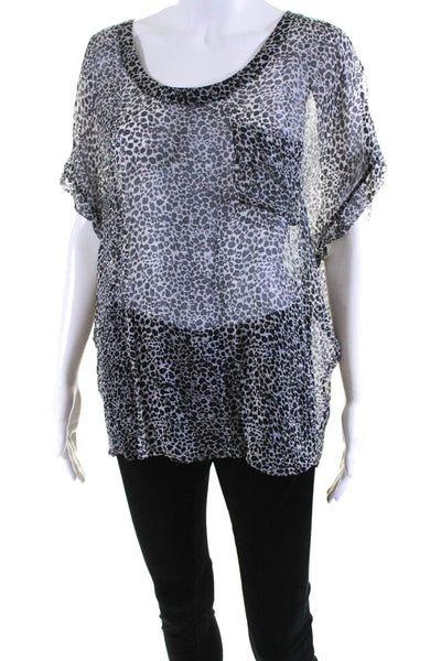 Joie Womens Short Sleeve Scoop Neck Leopard SIlk Shirt White Black Size Large