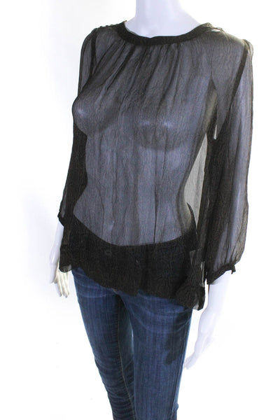 Joie Womens Sheer Long Sleeve Abstract Top Blouse Black Brown Size Small