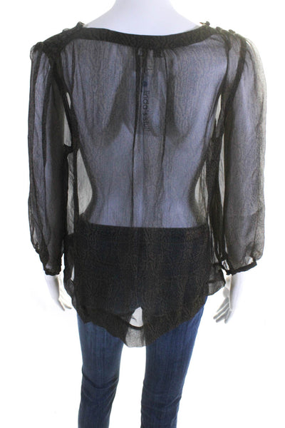 Joie Womens Sheer Long Sleeve Abstract Top Blouse Black Brown Size Small