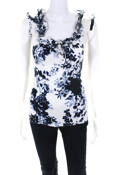 Elie Tahari Womens Silk Charmeuse Floral Print Ruffled Blouse White Blue Size M