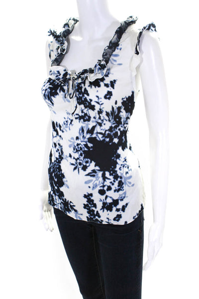 Elie Tahari Womens Silk Charmeuse Floral Print Ruffled Blouse White Blue Size M