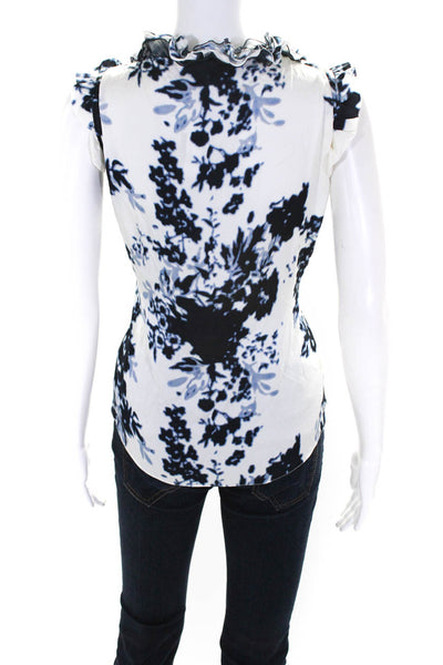 Elie Tahari Womens Silk Charmeuse Floral Print Ruffled Blouse White Blue Size M