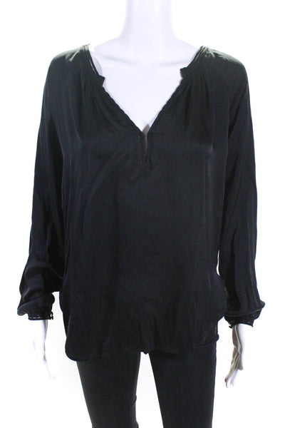 Vince Womens Silk Georgette Split Hem V-Neck Long Sleeve Blouse Top Black Size S