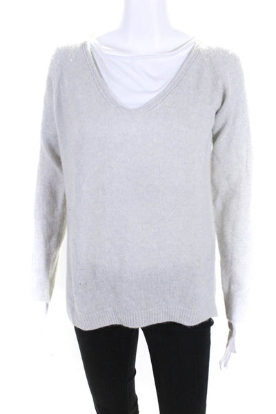 Kash Womens Cashmere Knitted V-Neck Long Sleeve Pullover Sweater Gray Size 40