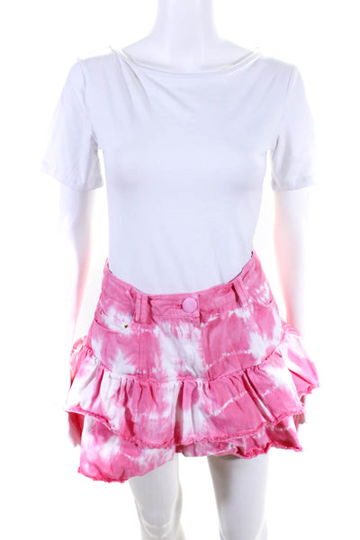 Love Shack Fancy Women's Tie Dye A Line Denim Ruffle Mini Skirt Pink Size 6