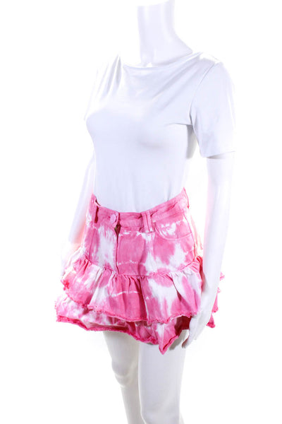 Love Shack Fancy Women's Tie Dye A Line Denim Ruffle Mini Skirt Pink Size 6