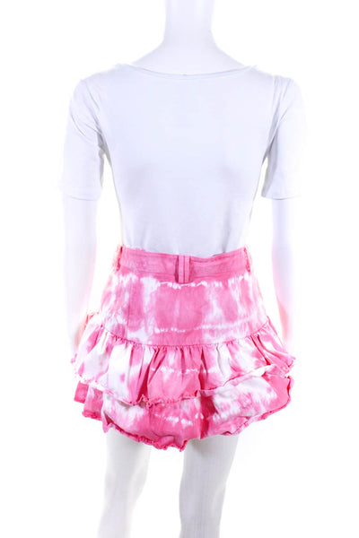 Love Shack Fancy Women's Tie Dye A Line Denim Ruffle Mini Skirt Pink Size 6
