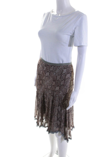Rebecca Taylor Women's Silk Snakeskin Print Beaded Lace Trim Skirt Brown Size 2