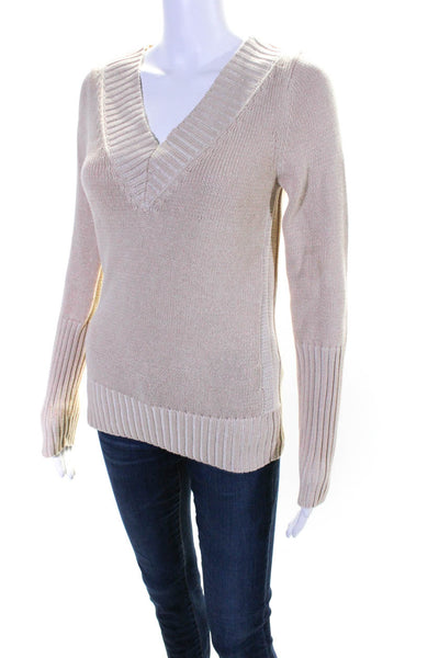 Magaschoni Womens Cotton Thick-Knit V-Neck Long Sleeve Sweater Top Beige Size S