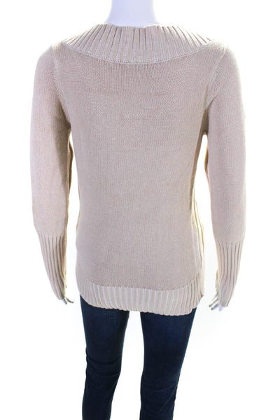 Magaschoni Womens Cotton Thick-Knit V-Neck Long Sleeve Sweater Top Beige Size S