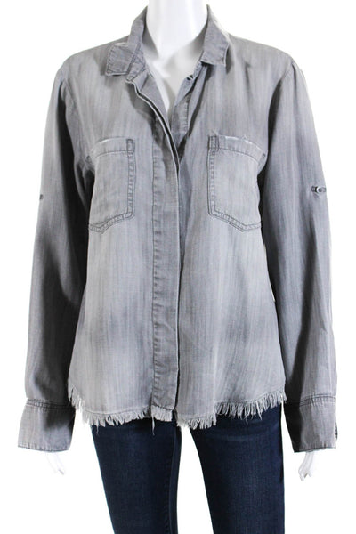 Bella Dahl Womens Long Sleeve Button Front Fringe Chambray Shirt Gray Medium