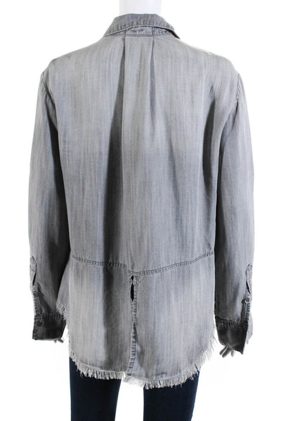 Bella Dahl Womens Long Sleeve Button Front Fringe Chambray Shirt Gray Medium