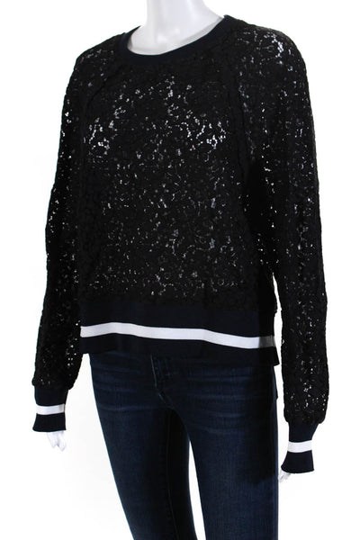 Zara Woman Womens Floral Lace Striped Round Neck Sweater Dark Blue White Size S