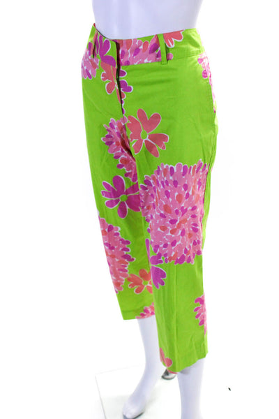 Lilly Pulitzer Womens Cotton Floral Print Straight Leg Pants Green Pink Size 2