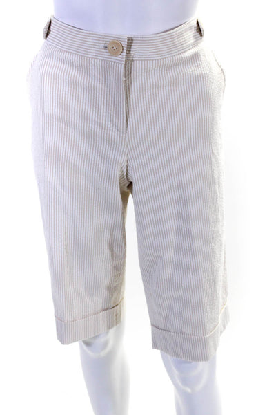 Magaschoni Womens Cotton Seersucker Striped Print Bermuda Shorts Beige Size S