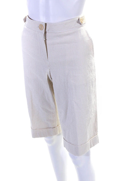 Magaschoni Womens Cotton Seersucker Striped Print Bermuda Shorts Beige Size S