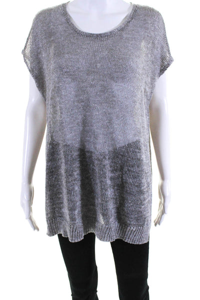 Eileen Fisher Womens Short Sleeve Scoop Neck Metallic Knit Shirt Gray Size Small