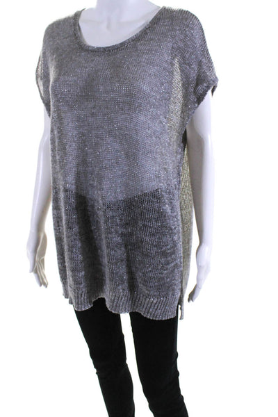 Eileen Fisher Womens Short Sleeve Scoop Neck Metallic Knit Shirt Gray Size Small