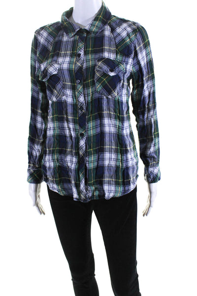 Rails Womens Button Up Long Sleeve Collared Plaid Shirt Green Blue White Medium