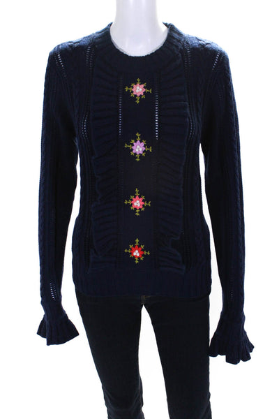 Manoush Womens Wool Cable-Knit Floral Embroidered Crewneck Sweater Blue Size M