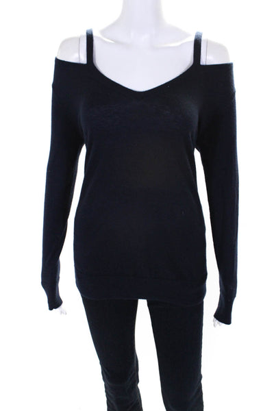 Autumn Cashmere Womens Cashmere Knit Cut Out V-Neck Sweater Navy Blue Size S