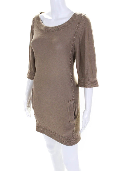 3.1 Womens Linen Knit Darted Pom Pom Midi Pullover Sweater Dress Brown Size XS