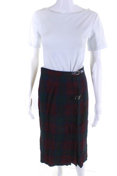 Herman Geist Womens Plaid Buckled A Line Pleated Midi Skirt Red Green Size 10