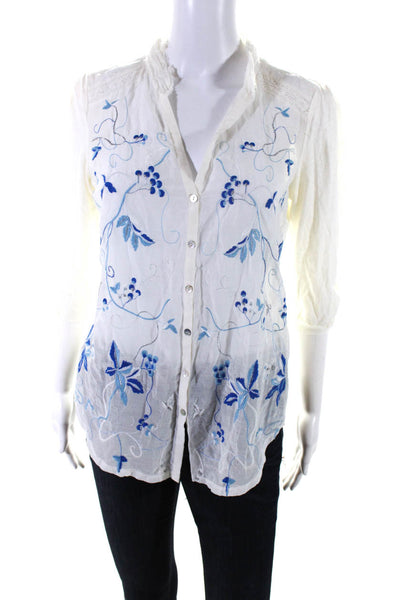 Tiny Womens Sheer Floral Embroidered 3/4 Sleeved Buttoned Top White Blue Size S