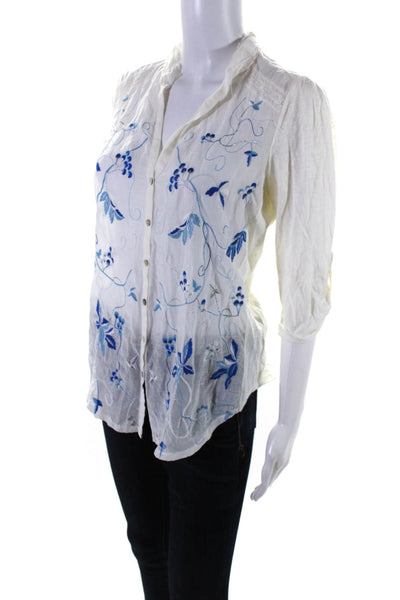 Tiny Womens Sheer Floral Embroidered 3/4 Sleeved Buttoned Top White Blue Size S