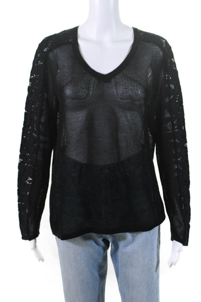 Magaschoni Womens Silk Net Long Sleeve V-Neck Long Sleeve Shirt Top Black Size L