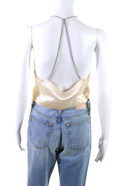Back Grounded Womens Spaghetti Strap Satin Crop Top Beige Size Small