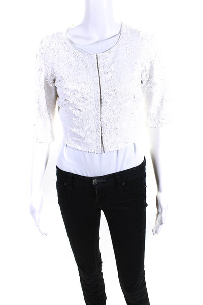 P.a.r.o.s.h. Womens Sequined Hook & Eye Cropped 3/4 Sleeve Cardigan White Size L