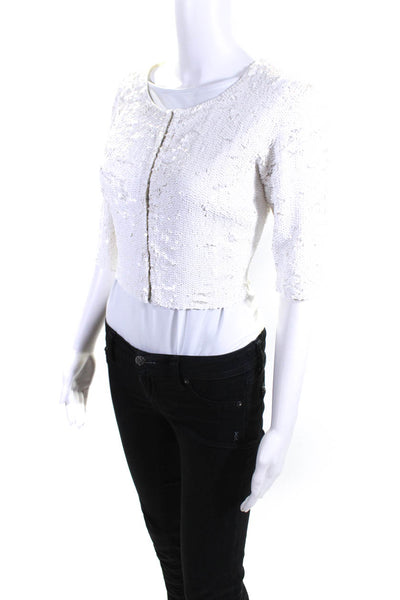 P.a.r.o.s.h. Womens Sequined Hook & Eye Cropped 3/4 Sleeve Cardigan White Size L