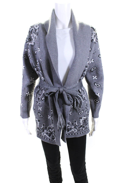 PJ Salvage Womens Paisley Print Wrapped Tied Collar Belted Cardigan Gray Size S
