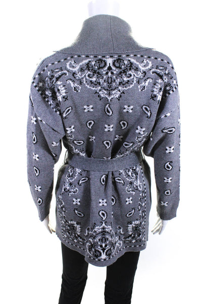 PJ Salvage Womens Paisley Print Wrapped Tied Collar Belted Cardigan Gray Size S