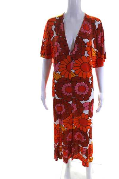 Pas Pour Toi Women's Short Sleeve V Neck Floral Print Midi Dress Orange Size 46