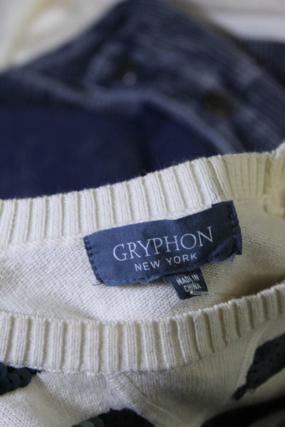 Gryphon New York Womens Sequin Stripe Long Sleeve Sweater Beige Dark Blue Size S