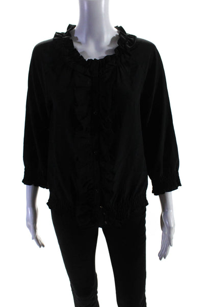 Joie Womens 100% Silk Ruffled V Neck Button Down Long Sleeve Blouse Black Size S