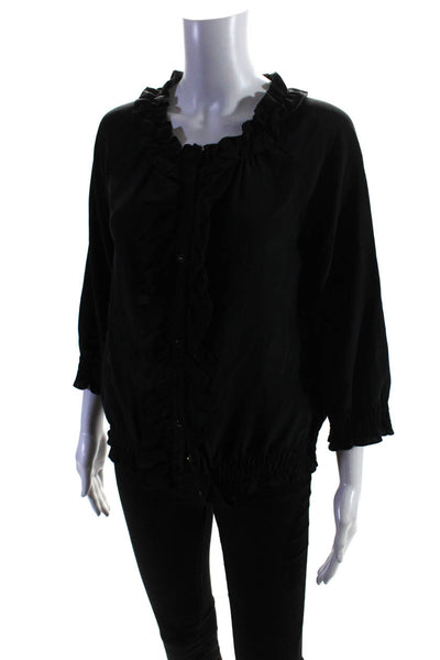 Joie Womens 100% Silk Ruffled V Neck Button Down Long Sleeve Blouse Black Size S