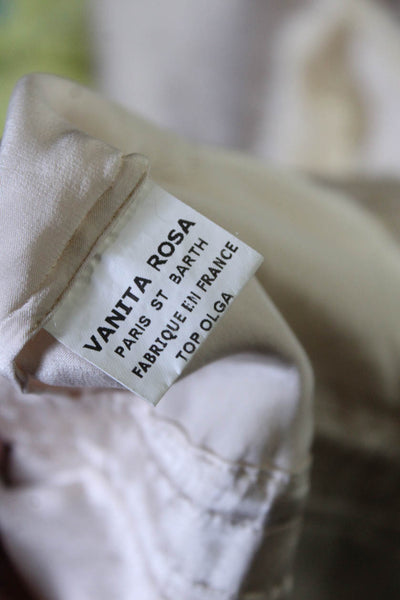 Vanita Rosa Womens Silk V Neck Tied Short Sleeved Buttoned Blouse Beige Size M