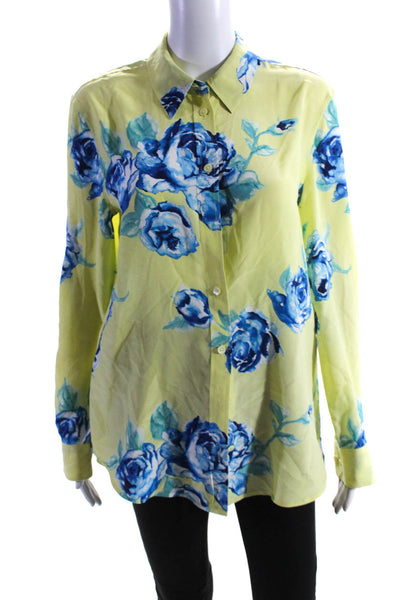 Equipment Femme Womens 100% Silk Floral Button Down Shirt Yellow Blue Size XS