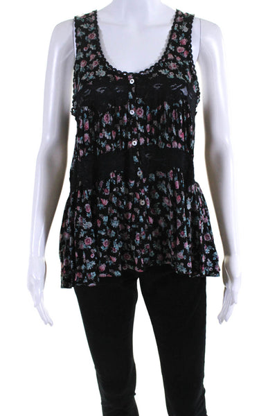 Free People Womens Floral Sleeveless Lace Tank Top Blouse Black Pink Blue Size S